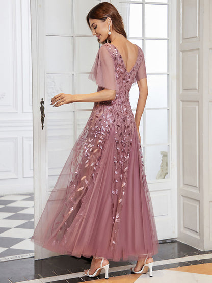 ever ASTRAL|Shimmery Ruffle Sleeves Maxi Sequin Evening Dress