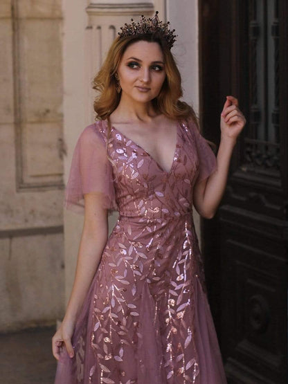 ever ASTRAL|Ruffle Sleeves Leaf Sequin Maxi Bridesmaid Dress
