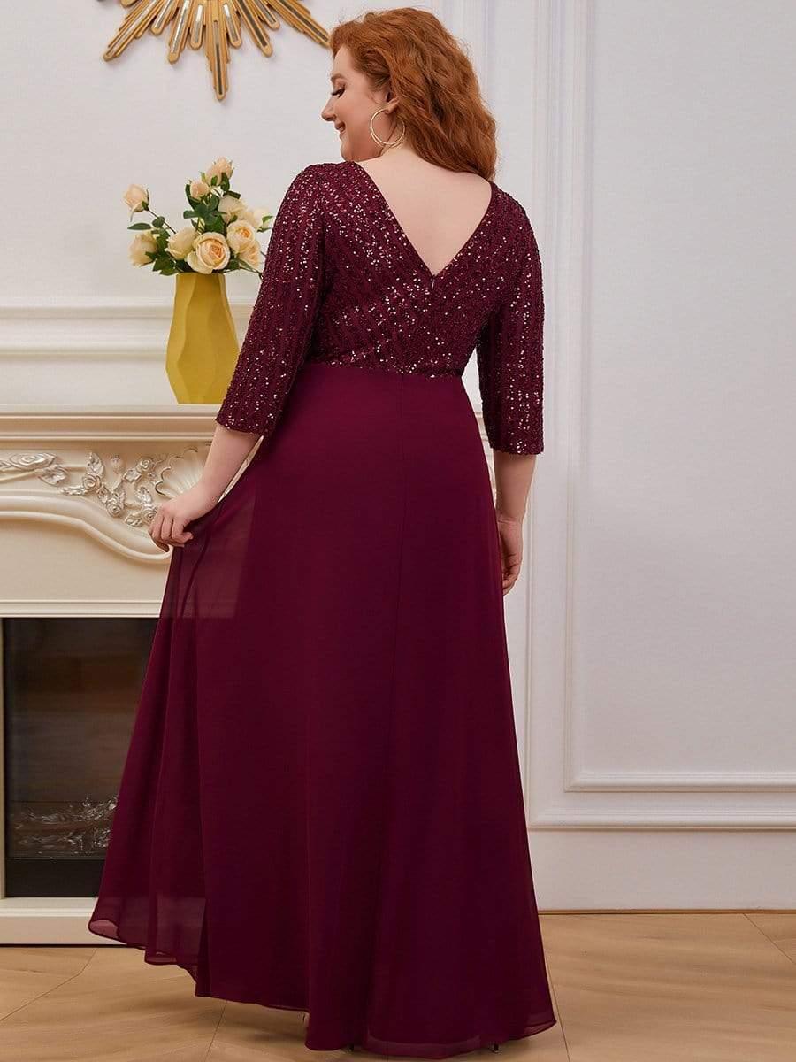 ever LUENA|Sexy V Neck Sequin Evening Dresses with 3/4 Sleeve