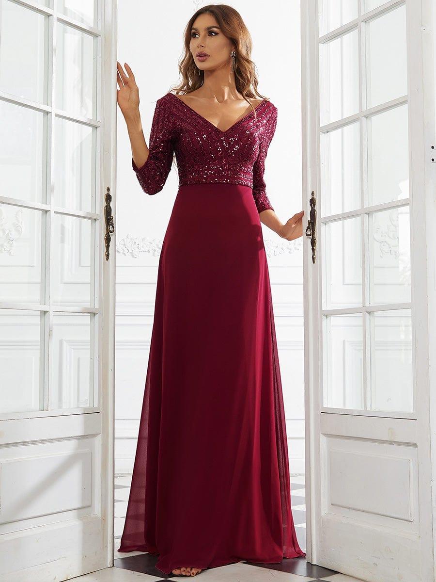 ever LUENA|Sexy V Neck Sequin Evening Dresses with 3/4 Sleeve