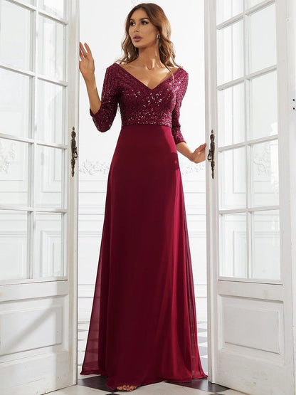 ever LUENA|Sexy V Neck Sequin Evening Dresses with 3/4 Sleeve