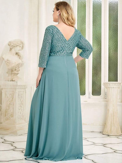 pretty LUENA|Plus Size V Neck A-Line Sequin Formal Evening Dress with Sleeve