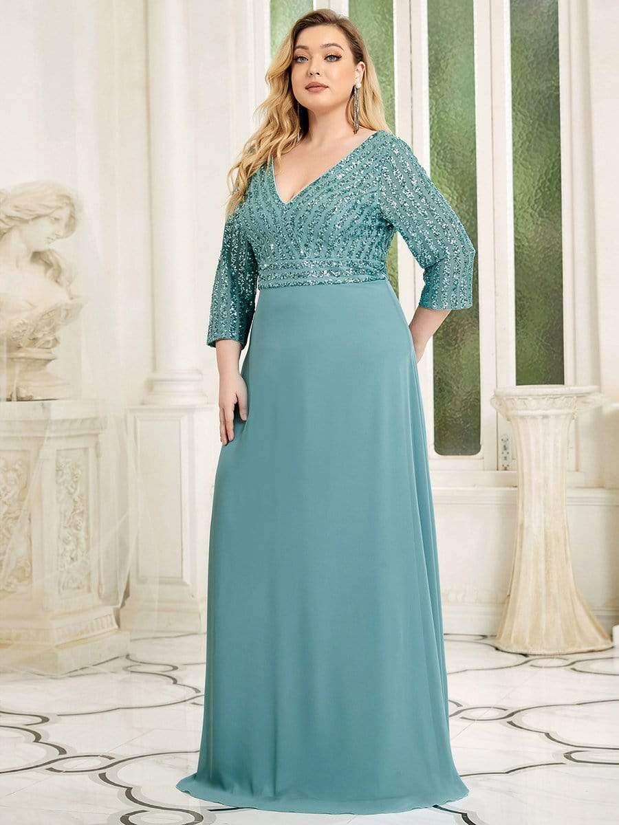 ever LUENA|Sexy V Neck Sequin Evening Dresses with 3/4 Sleeve