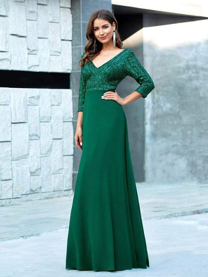 ever LUENA|Sexy V Neck Sequin Evening Dresses with 3/4 Sleeve