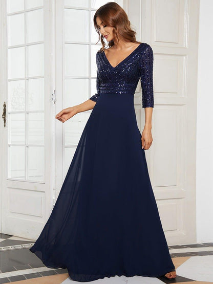 ever LUENA|Sexy V Neck Sequin Evening Dresses with 3/4 Sleeve