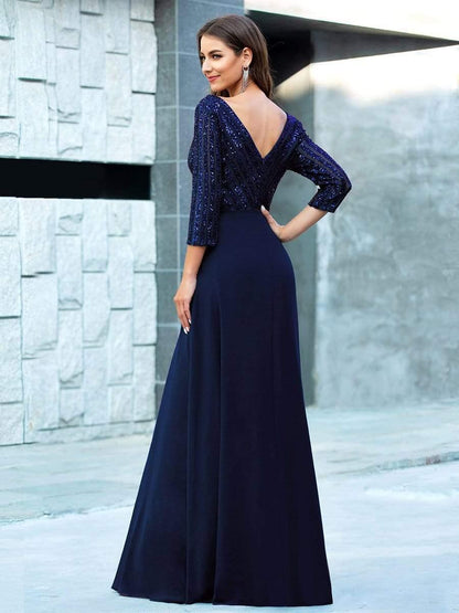 ever LUENA|Sexy V Neck Sequin Evening Dresses with 3/4 Sleeve