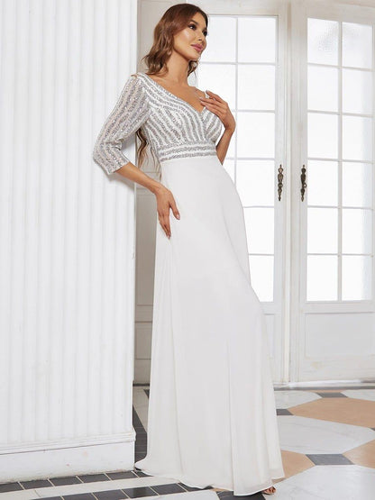 ever LUENA|Sexy V Neck Sequin Evening Dresses with 3/4 Sleeve