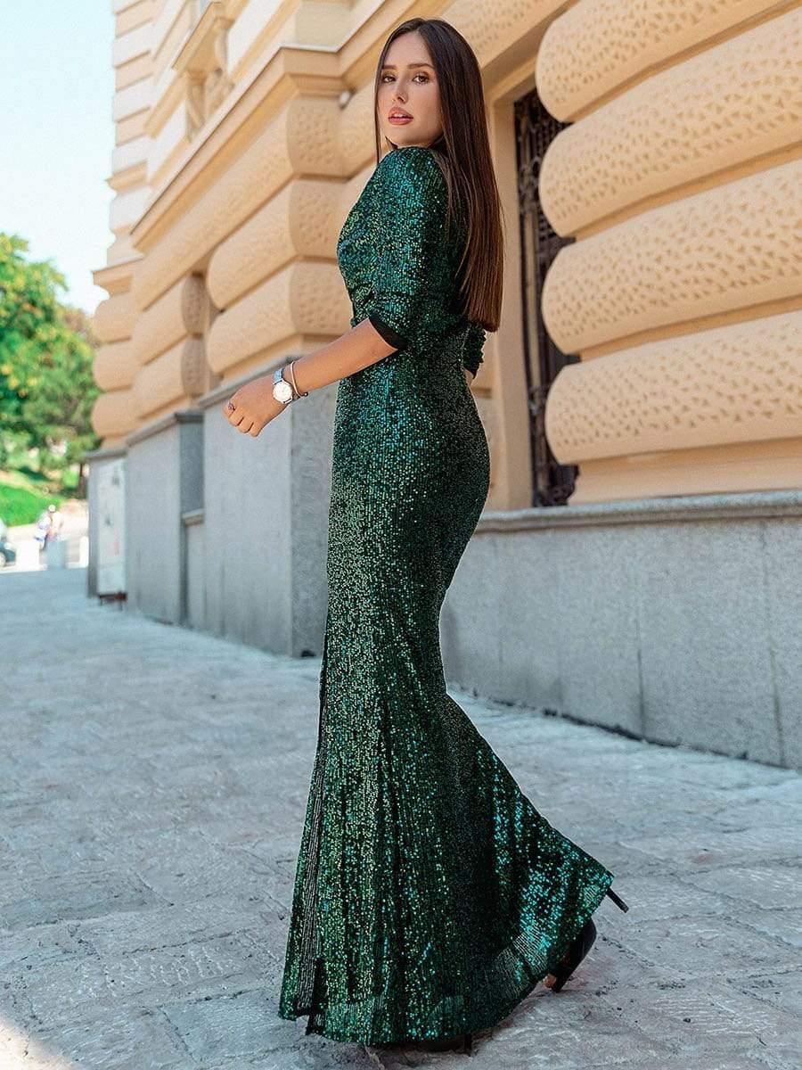 ever NYX|Shiny V Neck Sequin Long Sleeves Evening Dress