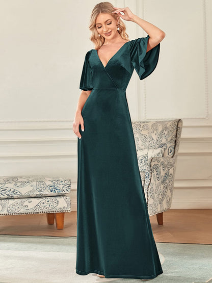 ever REINE|Elegant Double V Neck Velvet Evening Dress with Sleeves