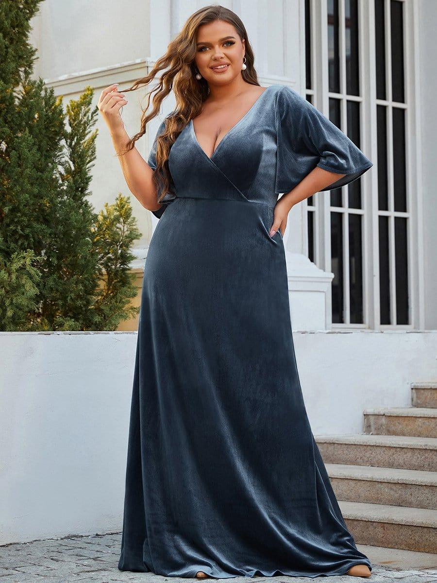 ever REINE|Elegant Double V Neck Velvet Evening Dress with Sleeves