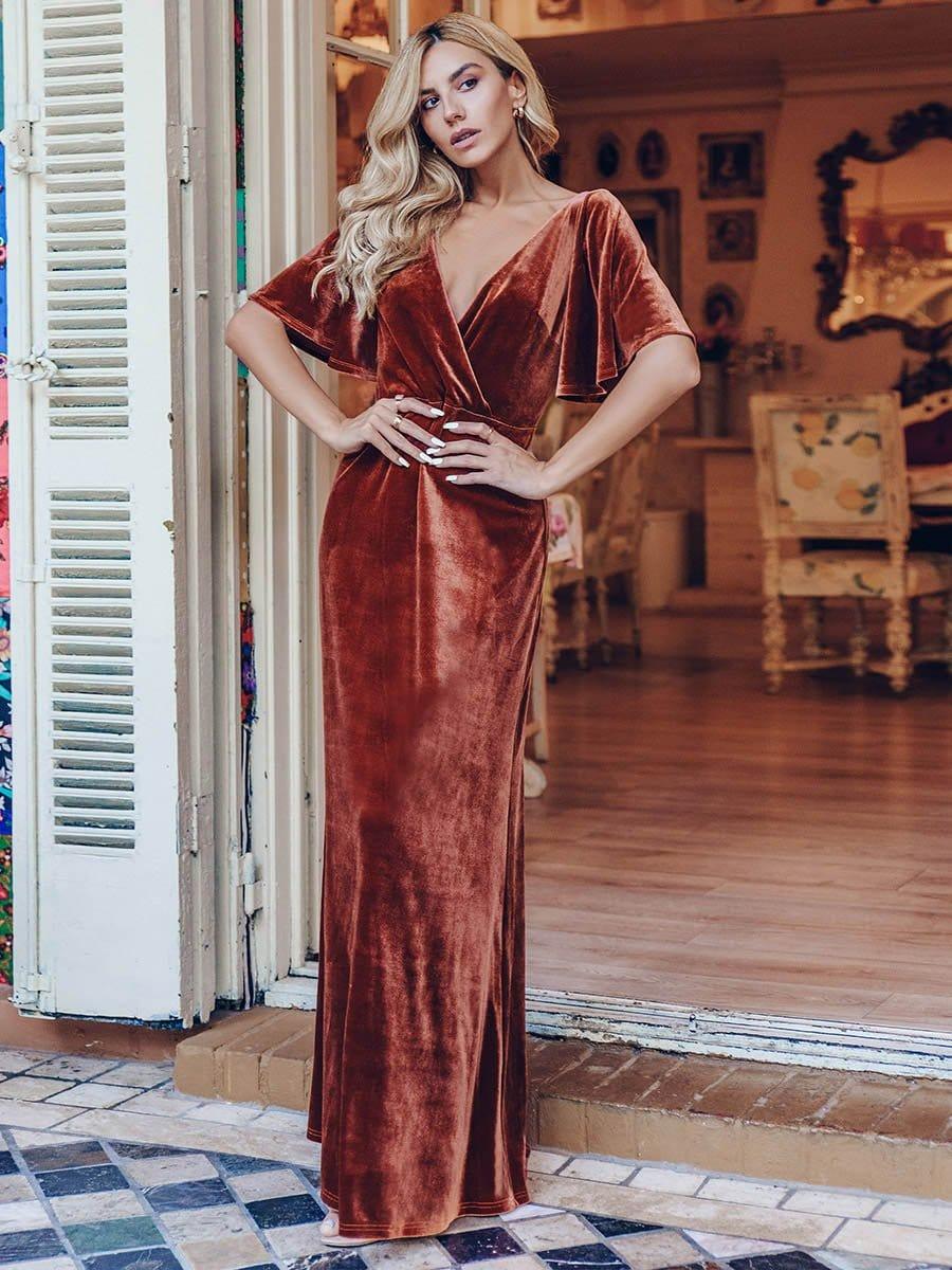 ever REINE|Elegant Double V Neck Velvet Evening Dress with Sleeves