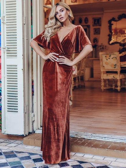 ever REINE|Elegant Double V Neck Velvet Evening Dress with Sleeves