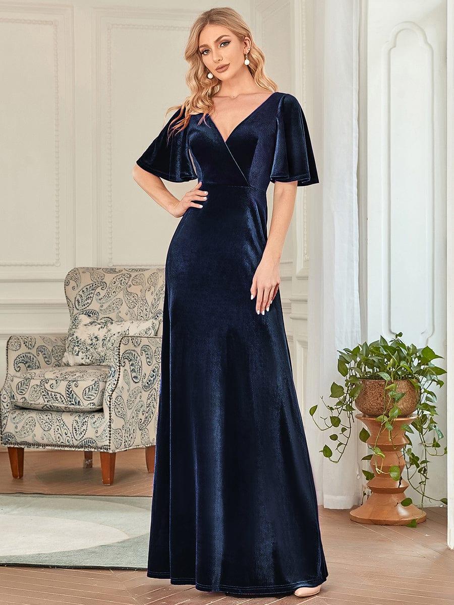 ever REINE|Elegant Double V Neck Velvet Evening Dress with Sleeves