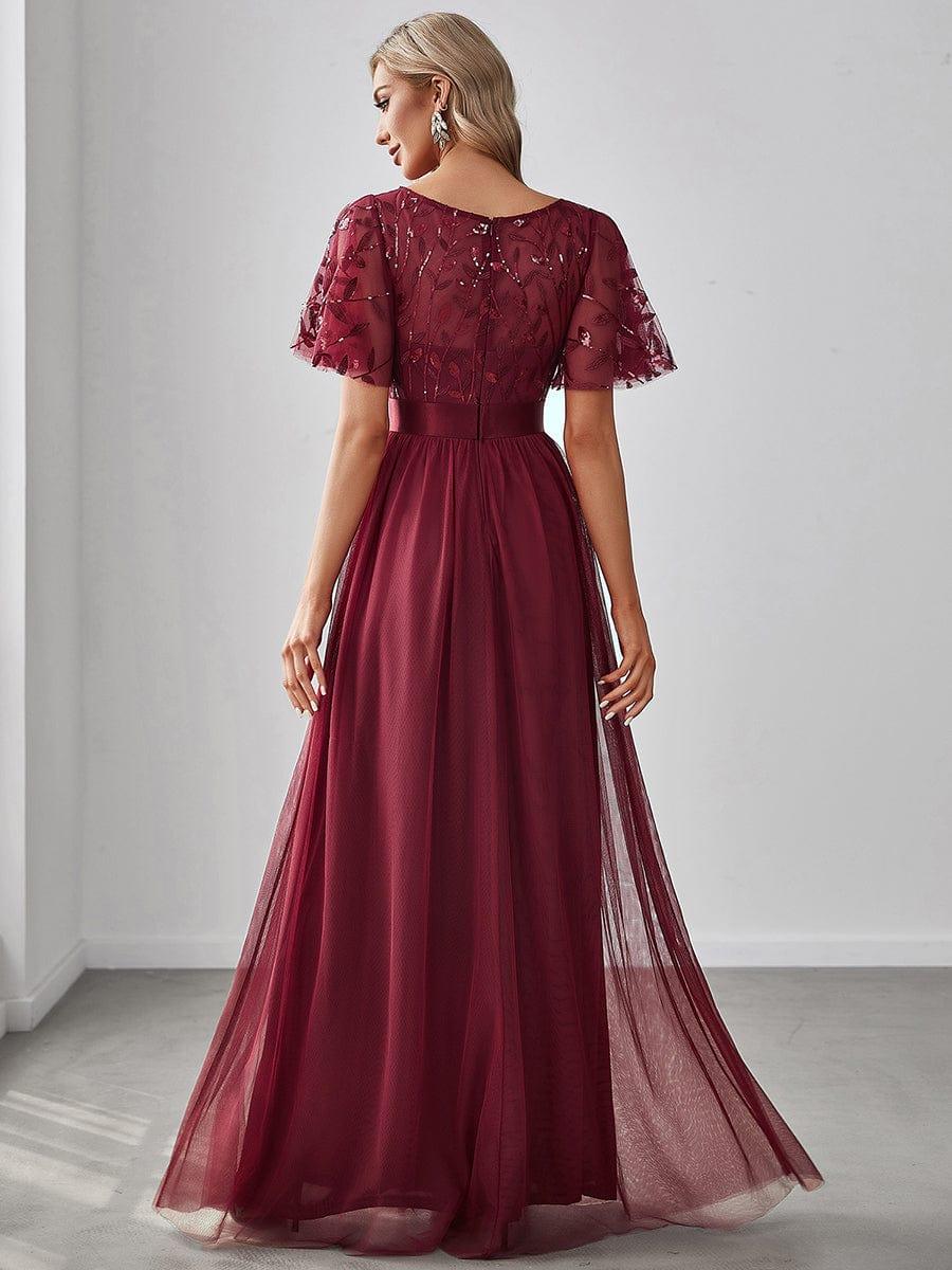 ever SAPHIR|Women's A-Line Sequin Leaf Maxi Prom Dress with Sleeves