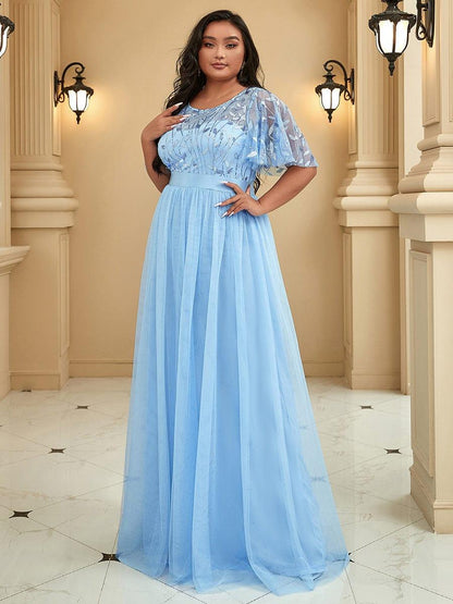ever SAPHIR|Women's A-Line Short Sleeve Embroidery Floor Length Evening Dresses
