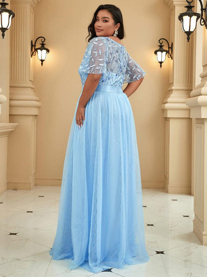 ever SAPHIR|Women's A-Line Sequin Leaf Maxi Prom Dress with Sleeves