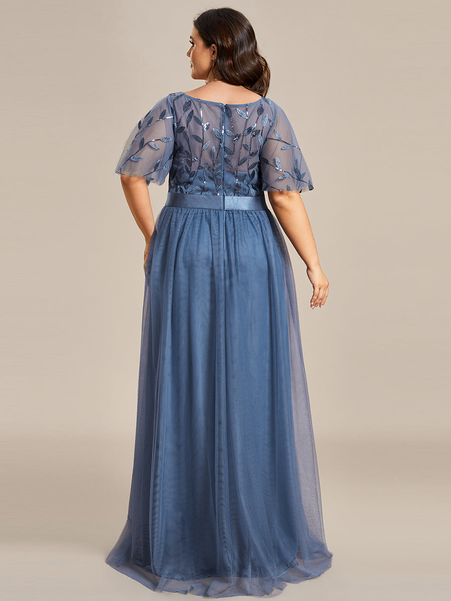 ever SAPHIR|Women's A-Line Sequin Leaf Maxi Prom Dress with Sleeves