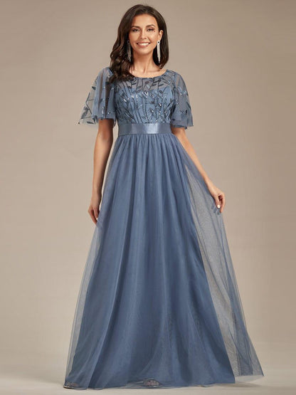 ever SAPHIR|Women's A-Line Sequin Leaf Maxi Prom Dress with Sleeves