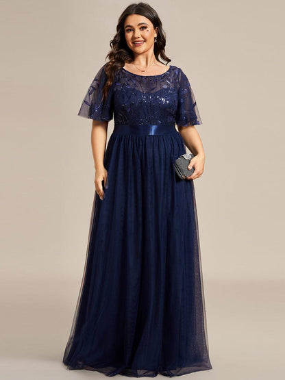 ever SAPHIR|Women's A-Line Sequin Leaf Maxi Prom Dress with Sleeves