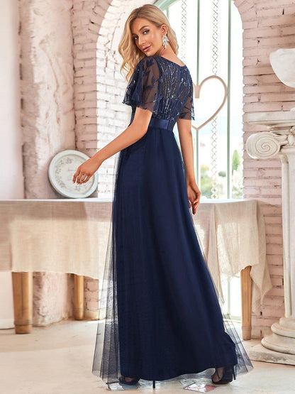 ever SAPHIR|Women's A-Line Sequin Leaf Maxi Prom Dress with Sleeves