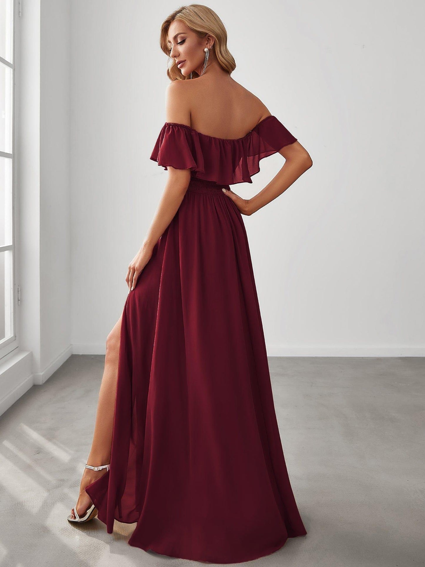ever ÉMILE|Off the Shoulder Ruffle Bodice Long Flowy Chiffon Bridesmaid Dress
