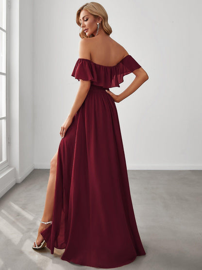 ever ÉMILE|Off the Shoulder Ruffle Bodice Long Flowy Chiffon Bridesmaid Dress