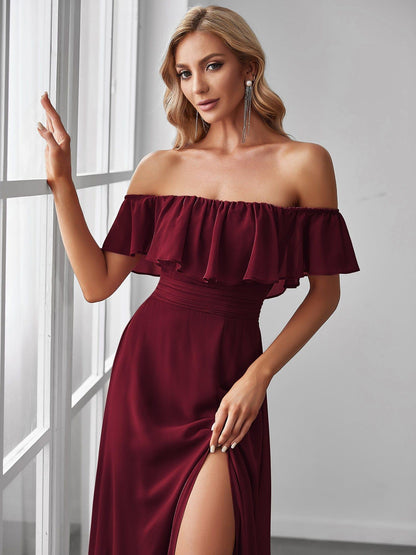 ever ÉMILE|Off the Shoulder Ruffle Bodice Long Flowy Chiffon Bridesmaid Dress