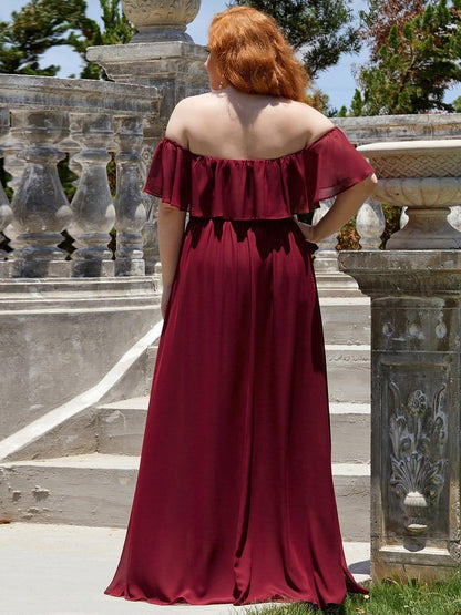 ever ÉMILE|Off the Shoulder Ruffle Bodice Long Flowy Chiffon Bridesmaid Dress