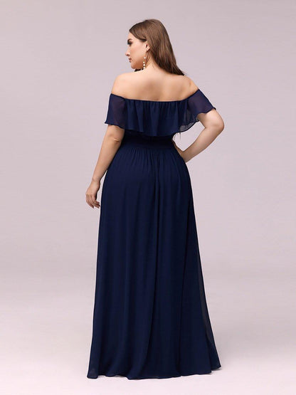 ever ÉMILE|Off the Shoulder Ruffle Bodice Long Flowy Chiffon Bridesmaid Dress