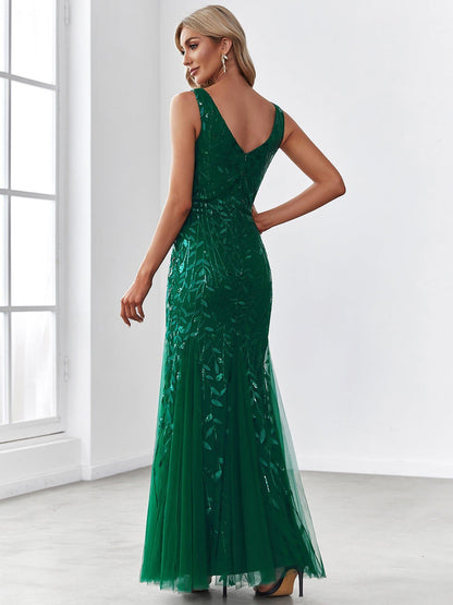 ever ORIEL|Leaf Sequin V-Neck Sleeveless Bridesmaid Dress with Tulle Hem