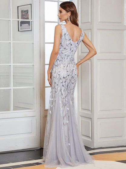 ever ORIEL|Leaf Sequin V-Neck Sleeveless Bridesmaid Dress with Tulle Hem