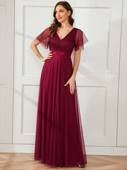 ever MISTE|Double V-Neck Floor-Length Short Sleeve Tulle Bridesmaid Dresses