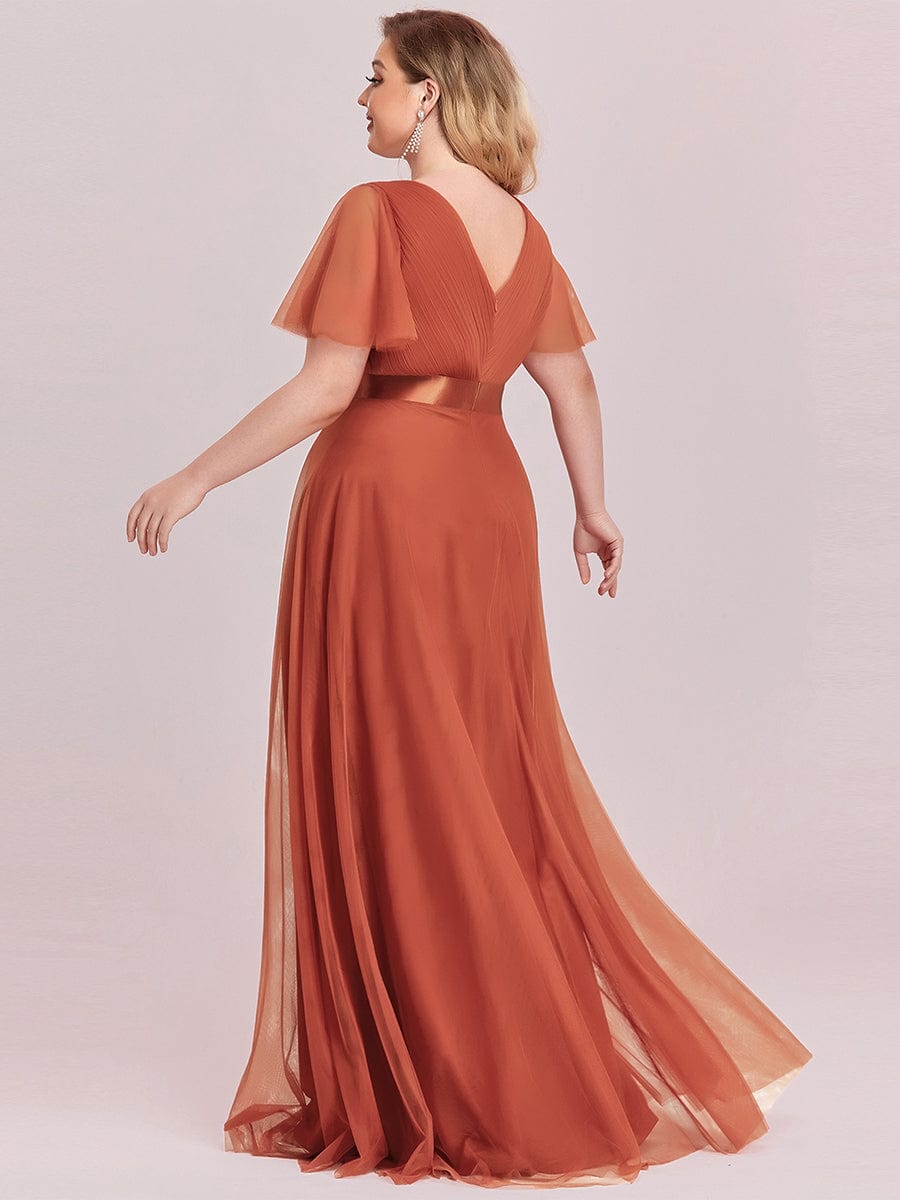 ever MISTE|Double V-Neck Floor-Length Short Sleeve Tulle Bridesmaid Dresses