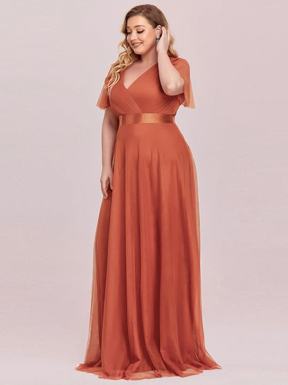 ever MISTE|Double V-Neck Floor-Length Short Sleeve Tulle Bridesmaid Dresses