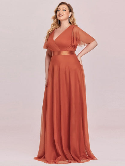 ever MISTE|Double V-Neck Floor-Length Short Sleeve Tulle Bridesmaid Dresses