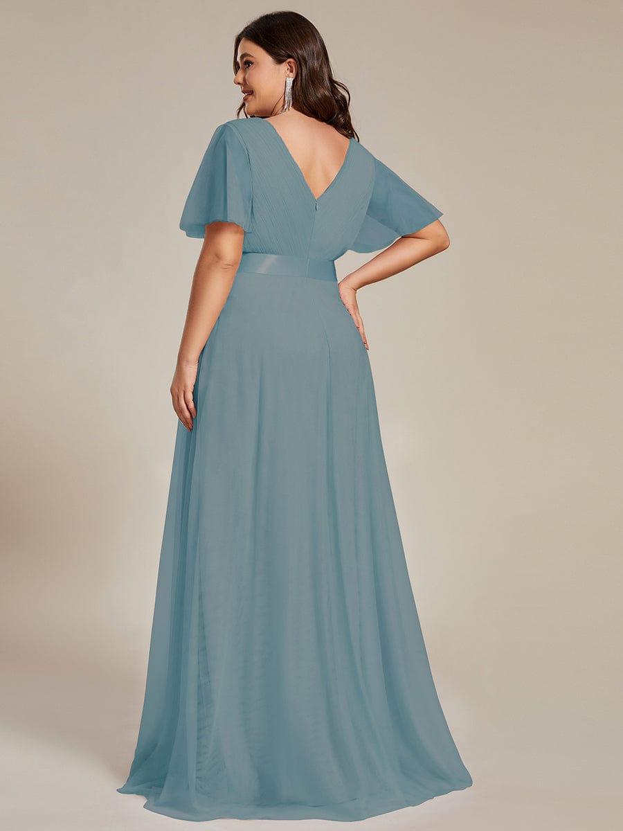 ever MISTE|Double V-Neck Floor-Length Short Sleeve Tulle Bridesmaid Dresses