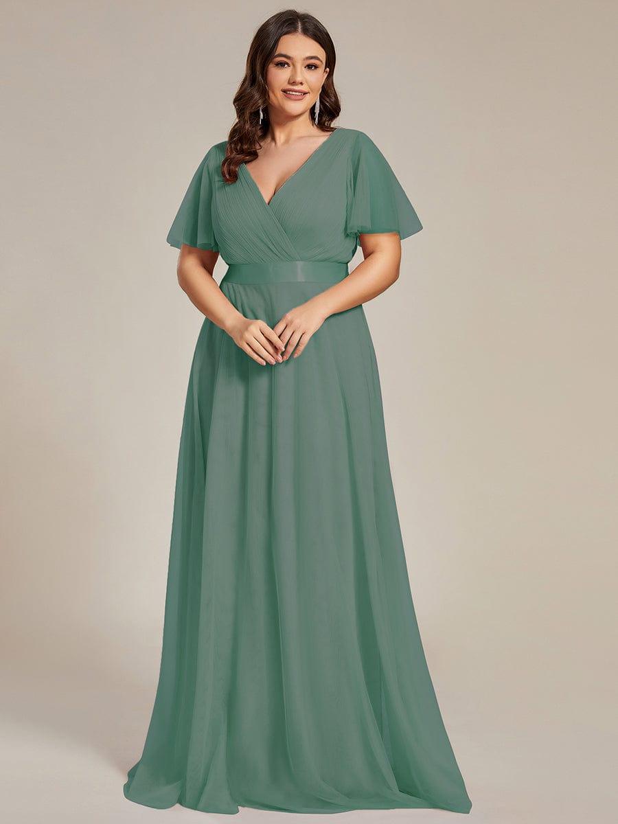 ever MISTE|Double V-Neck Floor-Length Short Sleeve Tulle Bridesmaid Dresses