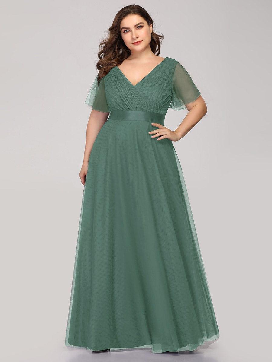 ever MISTE|Double V-Neck Floor-Length Short Sleeve Tulle Bridesmaid Dresses