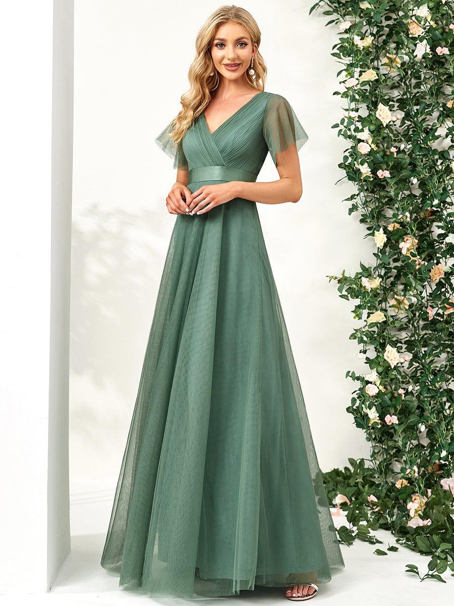 ever MISTE|Double V-Neck Floor-Length Short Sleeve Tulle Bridesmaid Dresses