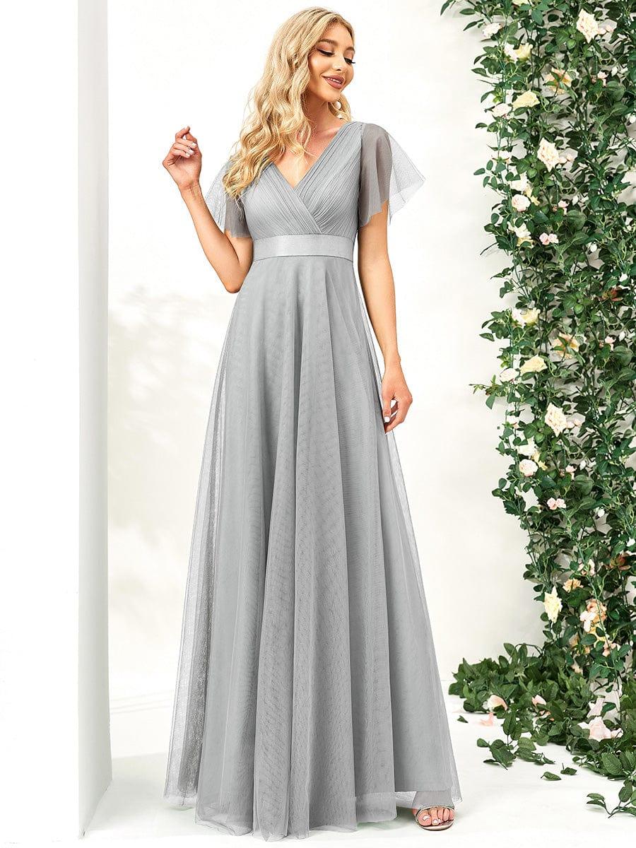 ever MISTE|Double V-Neck Floor-Length Short Sleeve Tulle Bridesmaid Dresses