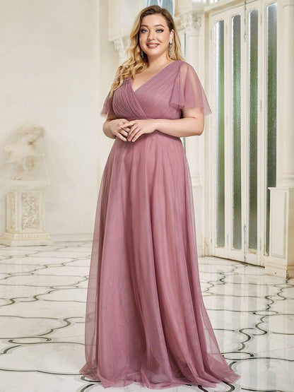 ever MISTE|Double V-Neck Floor-Length Short Sleeve Tulle Bridesmaid Dresses