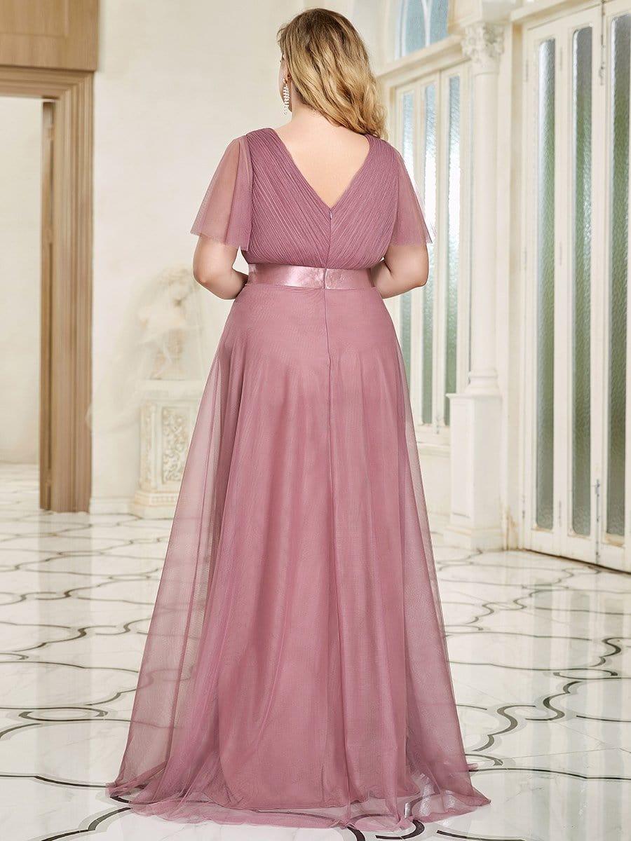 ever MISTE|Double V-Neck Floor-Length Short Sleeve Tulle Bridesmaid Dresses