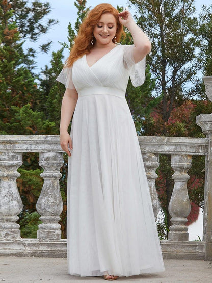 ever MISTE|Double V-Neck Floor-Length Short Sleeve Tulle Bridesmaid Dresses