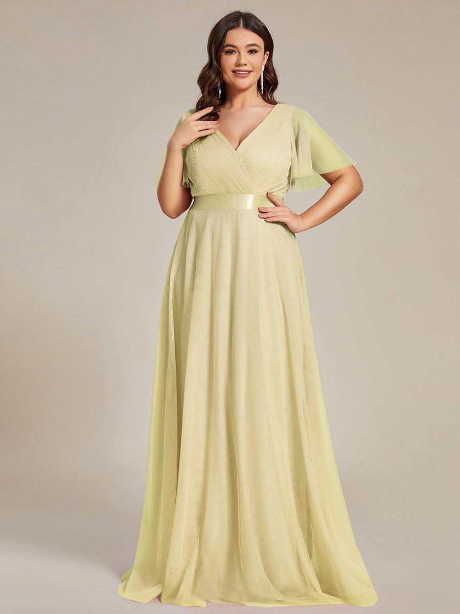 ever MISTE|Double V-Neck Floor-Length Short Sleeve Tulle Bridesmaid Dresses