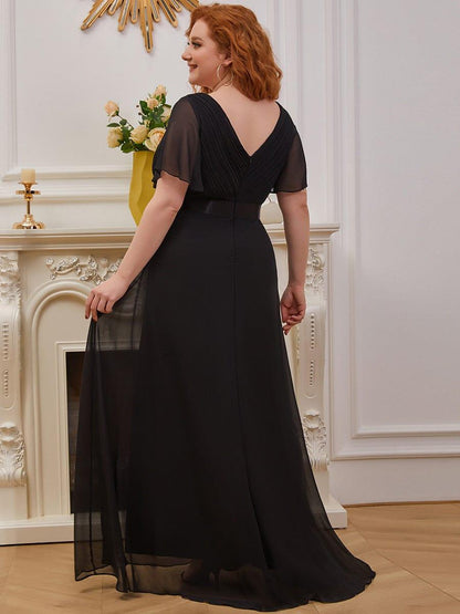 pretty MONICA|Plus Size Empire Waist V Back Bridesmaid Dress with Short Sleeves
