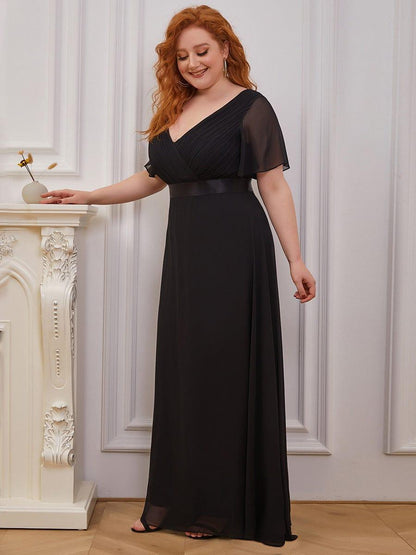 pretty MONICA|Plus Size Empire Waist V Back Bridesmaid Dress with Short Sleeves