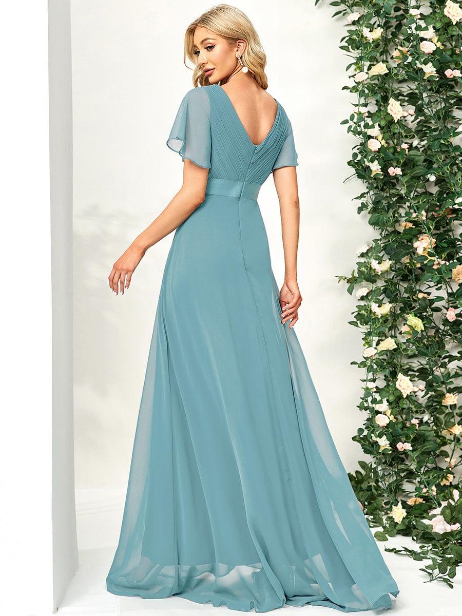 ever MONICA|Long Empire Waist Bridesmaid Dress with Short Flutter Sleeves