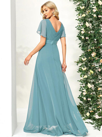 ever MONICA|Long Empire Waist Bridesmaid Dress with Short Flutter Sleeves