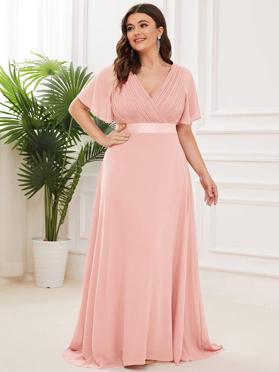 pretty MONICA|Plus Size Empire Waist V Back Bridesmaid Dress with Short Sleeves