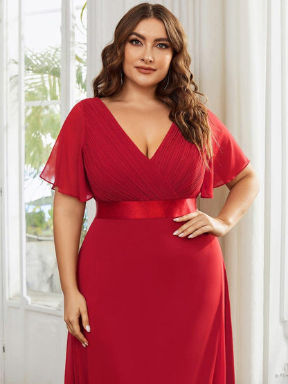 ever MONICA|Long Empire Waist Bridesmaid Dress with Short Flutter Sleeves